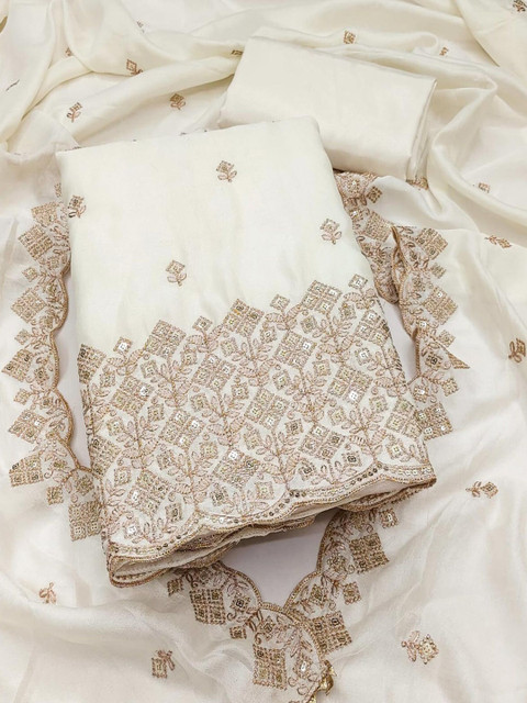 Peachmode Floral Embroidered Sequinned Vichitra Silk Unstitched Dress Material