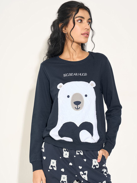 Dreamz by Pantaloons Women Fog Penguin Embroidered Pure Cotton Lounge T-Shirt