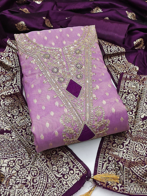 HMP Fashion Ethnic Motifs Embroidered Sequinned Chanderi Silk Unstitched Dress Material