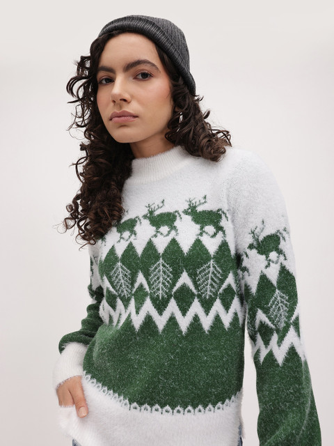 The Roadster Life Co. Fair Isle High Neck Fuzzy Pullover with Side Slits