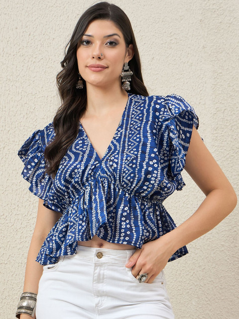InWeave Ethnic Bandhani Printed Flutter Sleeve V-Neck Peplum Crop Top