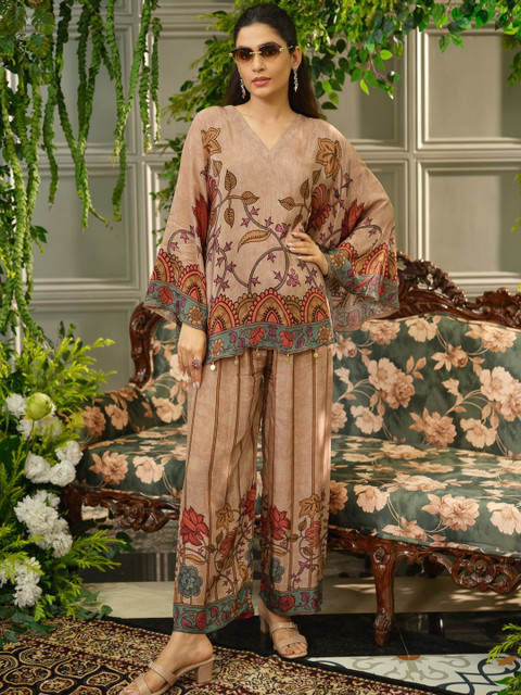 Sangria Women Beige Floral Printed Co-Ord Set