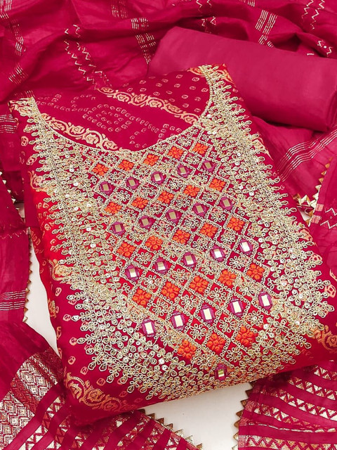 KALINI Bandhani Printed Embroidered Sequence Unstitched Dress Material Dress Material