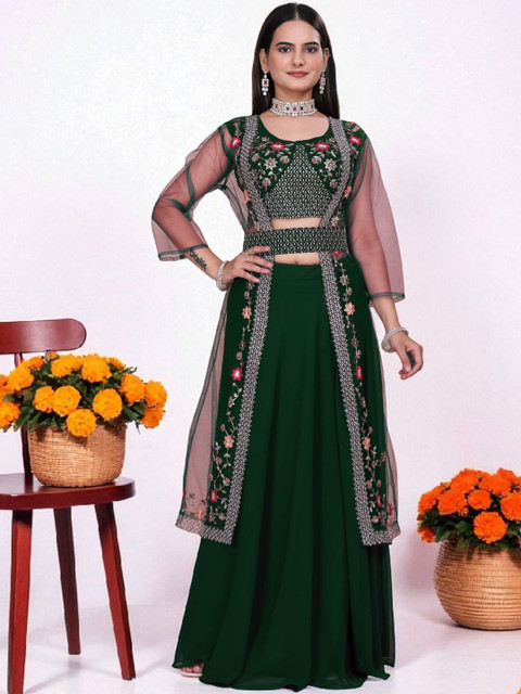 Pantos Embroidered Layered Thread Work Lehenga With Blouse & Shrug