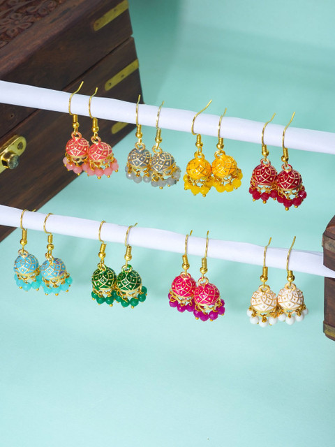 Vesara Set Of 8 Pearls Beaded Dome Shaped Meenakari Jhumka Earrings