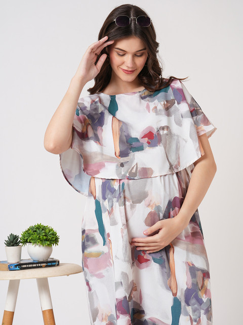 Mystere Paris Women Flutter Sleeve Layered Maternity Maxi Dress