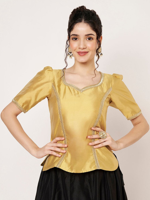 studio rasa Women Embellished Lace Detail Puff Sleeve Ethnic Top