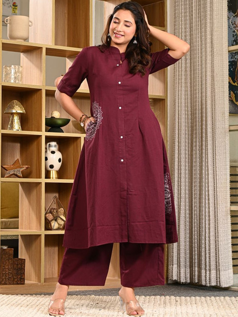 Indi INSIDE Women Ethnic Motifs Printed Cotton A-Line Kurta with Trousers