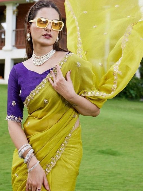 ROFOLO Women Floral Embroidered Chiffon Saree