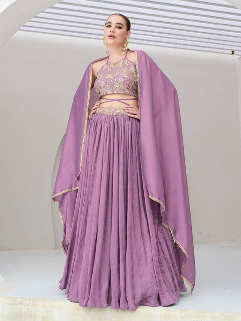 PURVAJA Emroidered Thread Work Ready To Wear Lehenga & Unstitched Blouse With Dupatta