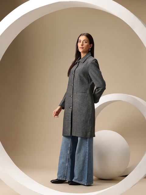 Chemistry Oxford Weave Spread Collar Knee Length Overcoat - Image 4