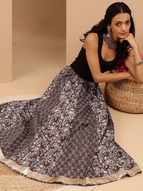 Janasya Women Grey Pure Cotton Floral Printed Flared Skirts