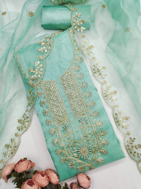 HMP Fashion Floral Embroidered Sequinned Organza Unstitched Dress Material