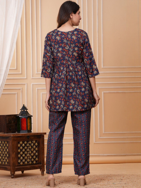 CELEBRAVO Floral Printed V-Neck A-Line shaped Empire Maternity Kurta With Trousers - Image 4