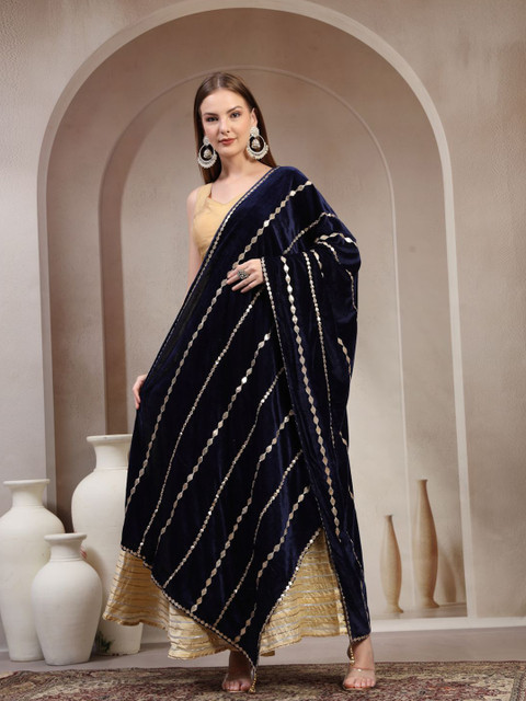 Clora Creation Geometric Embroidered Velvet Dupatta With Gotta Patti