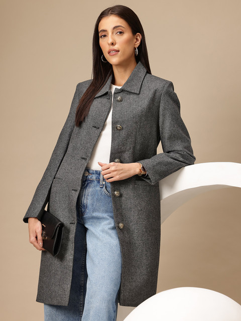 Chemistry Oxford Weave Spread Collar Knee Length Overcoat