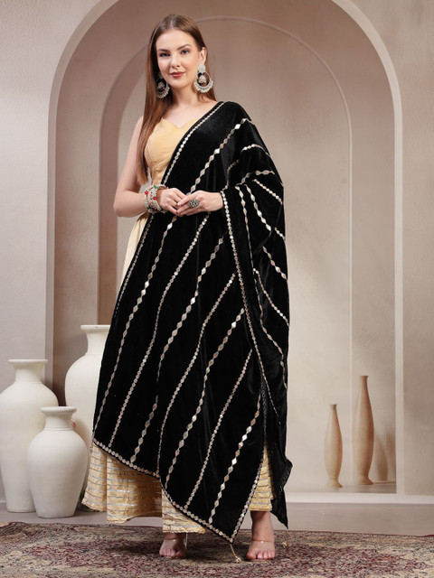 Clora Creation Geometric Embroidered Velvet Dupatta With Gotta Patti