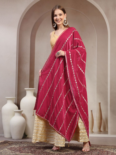 Clora Creation Geometric Embroidered Velvet Dupatta With Gotta Patti