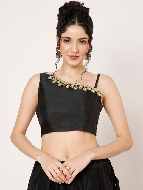 studio rasa Women One Shoulder Embellished Micro Or Ditsy Print Sheen Crop Top