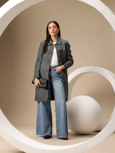 Chemistry Oxford Weave Spread Collar Knee Length Overcoat - Image 6