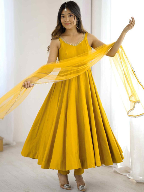 TextileNow Gotta Patti Chanderi Silk Empire Anarkali Kurta With Trousers & Dupatta