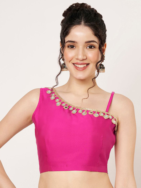 studio rasa Embellished Mirror Work One Shoulder Sleeveless Saree Blouse