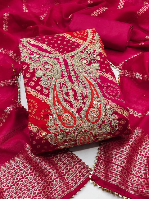 LeeliPeeri Designer Bandhani Embroidered Zari Unstitched Dress Material