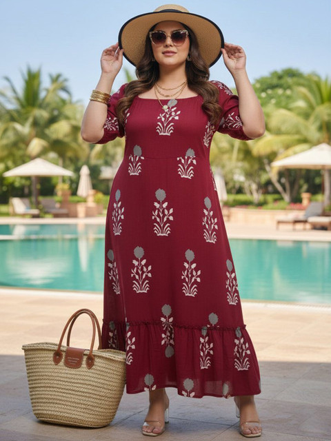 U&F Beyond Women Plus Size Floral Print Puff Sleeve Ruffled A-Line Midi Dress