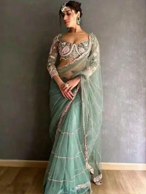 ROFOLO Striped Beads-Embellished Net Saree With Blouse Piece