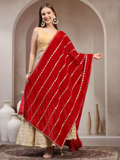 Clora Creation Geometric Embroidered Velvet Dupatta With Gotta Patti