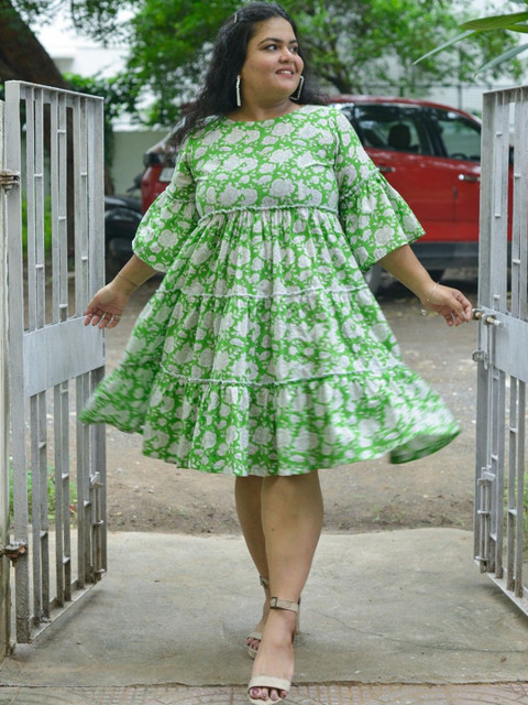One House Plus Size Women Floral Print Flared Sleeve Ruffled A-Line Dress