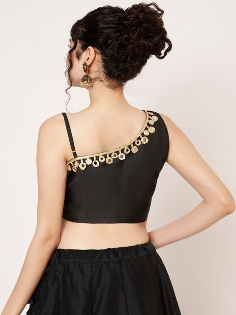 studio rasa Women One Shoulder Embellished Micro Or Ditsy Print Sheen Crop Top - Image 6