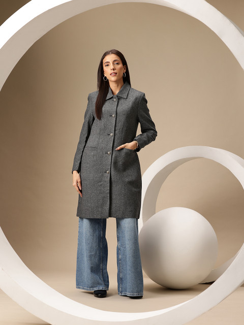 Chemistry Oxford Weave Spread Collar Knee Length Overcoat - Image 3