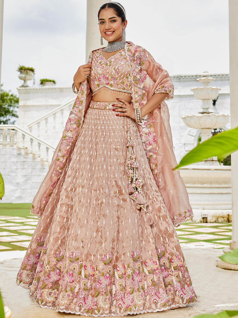 panchhi Nude Embroidered Satin Silk Sequinned Ready To Wear Lehenga & Blouse With Dupatta