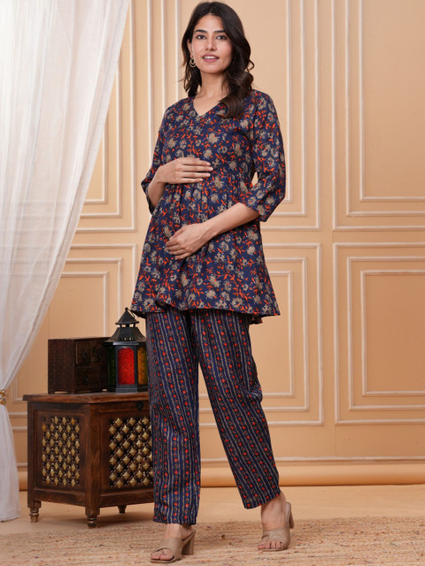 CELEBRAVO Floral Printed V-Neck A-Line shaped Empire Maternity Kurta With Trousers - Image 5