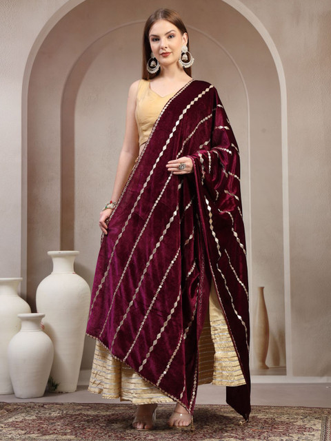 Clora Creation Geometric Embroidered Velvet Dupatta With Gotta Patti