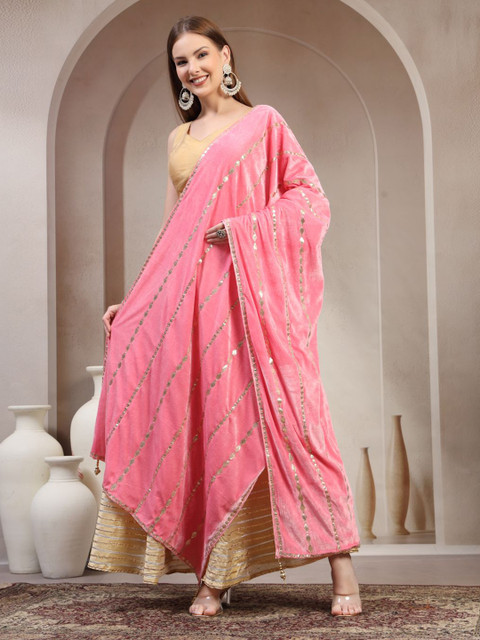 Clora Creation Geometric Embroidered Velvet Dupatta With Gotta Patti