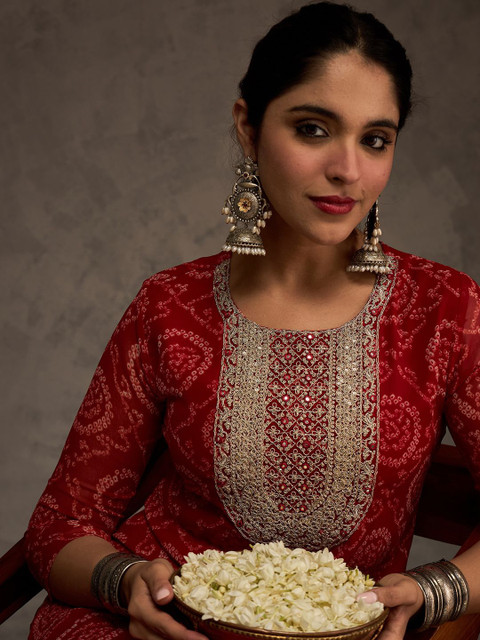 Indo Era Women Bandhani Printed Screen Print Festive Straight Kurta