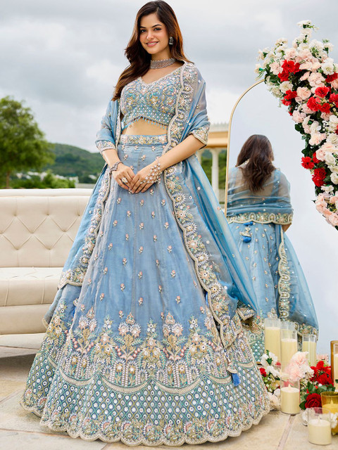panchhi Sky Embroidered Satin Silk Sequinned Ready To Wear Lehenga & Blouse With Dupatta