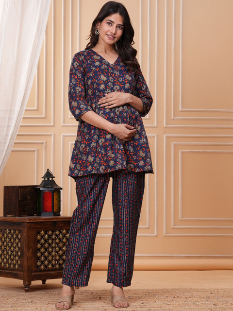 CELEBRAVO Floral Printed V-Neck A-Line shaped Empire Maternity Kurta With Trousers