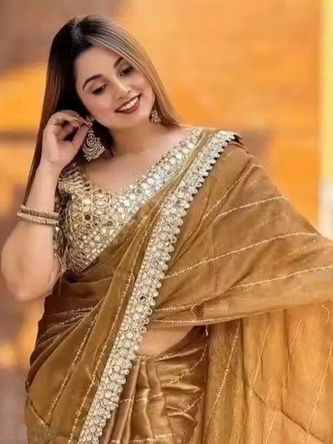 ROFOLO Women Silk Cotton Embellished Mirror Work Satin Saree