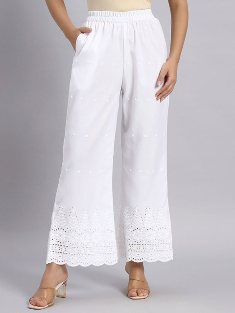Shopping Queen Women Floral Embroidered Wide Leg Fit Chikankari Cotton Ethnic Palazzos