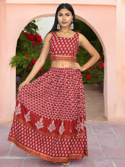 JAIPUR HAND BLOCK Floral Printed Sleeveless Cotton Ready to Wear Lehenga Choli