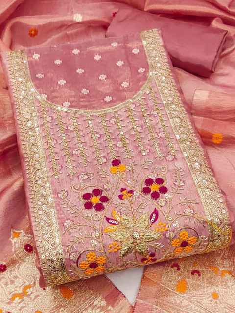 KALINI Women Pink Simmer Silk Coding With Hand Work Unstitched Dress Material