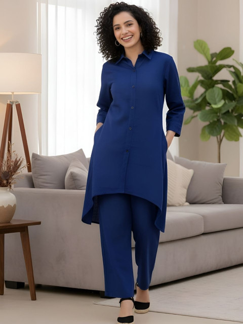 Moda Rapido Women Blue Solid Cotton Blend Updown Co-Ord set