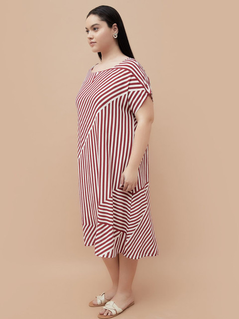 Women Plus Size Striped Round Neck A-Line Midi Dress - Image 3
