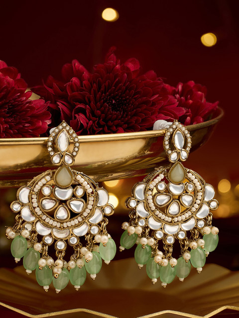 Zaveri Pearls Gold-Plated Kundan Studded & Beaded Oval Shaped Drop Earrings