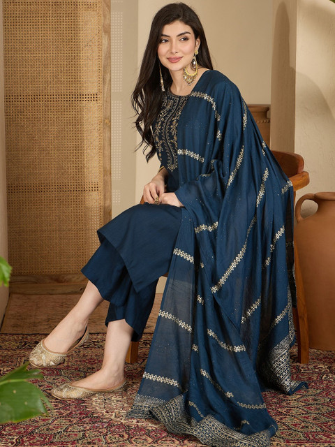 Sangria Ethnic Motifs Embroidered Thread Work Straight Kurta with Palazzos & Dupatta