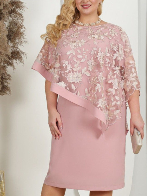 Sztori Floral Women Pink Polyester Lace Round Neck Embroidered Cape Sleeve Dress