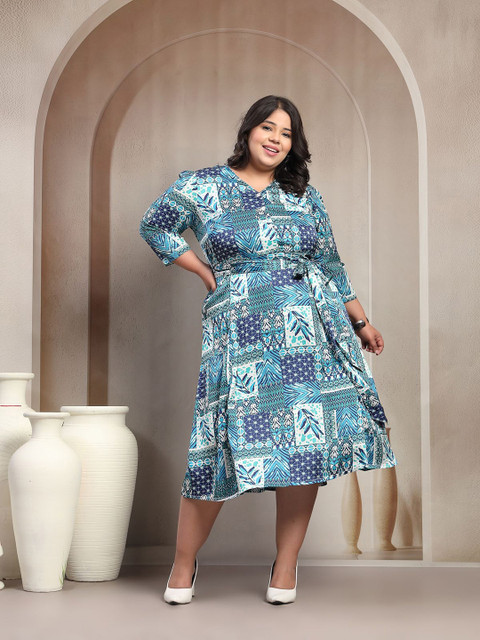plusS Women Plus Size Ethnic Motifs Printed A-Line Midi Dress With Belt
